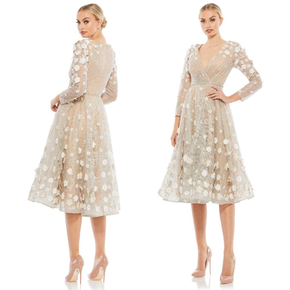 Mac Duggal NEW Beige Floral Embellished Lace A-Line Cocktail Midi Dress Size 14